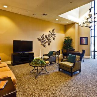 A cozy living room with a television, comfortable seating, and elegant decor.