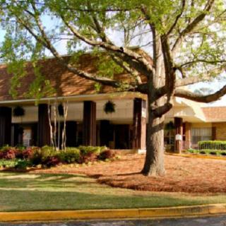 A picturesque building surrounded by lush landscaping and a large tree.
