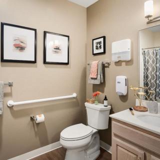 A modern bathroom with a toilet, sink, and decorative elements such as framed art and a towel rack.