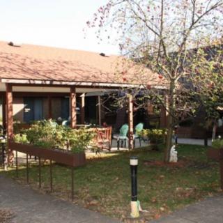 A cozy house with a garden patio, featuring outdoor chairs and trees.