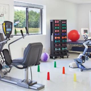 A well-equipped fitness room with various exercise machines, weights, and therapy balls.