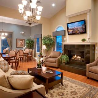 A luxurious living and dining area with a cozy fireplace, elegant furniture, and stylish decor.