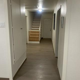 A modern hallway with wooden flooring leading to a staircase.