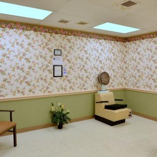 A vintage-style salon waiting area with a floral wallpaper, featuring a hair dryer chair and indoor plant.