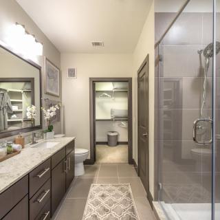 Elegant modern bathroom with a spacious shower and double vanity.
