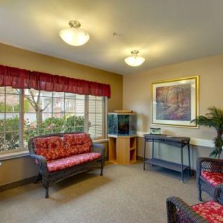 A cozy living room with sofas, an aquarium, and large windows letting in natural light.