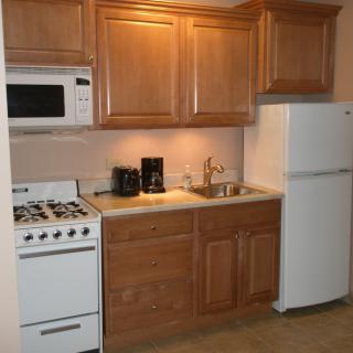 A compact kitchen with wooden cabinets, a stove, microwave, refrigerator, and sink.