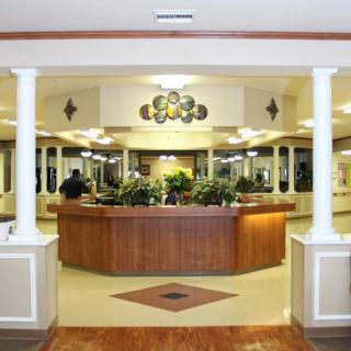 A well-lit reception desk area with plants and decorative columns.