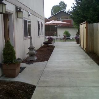 A concrete pathway lined with potted plants, leading to a backyard with a wooden fence.