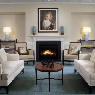 A cozy living room featuring a central fireplace, comfortable seating, and elegant decor.