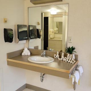 A neatly organized bathroom sink area with decorative elements.
