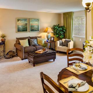 A cozy living and dining space with comfortable seating and warm decor.