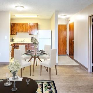 A cozy apartment interior featuring a small dining area with modern furniture and a kitchen in the background.
