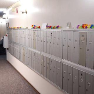 A hallway lined with mailboxes, each topped with colorful items.