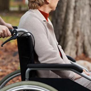 An elderly person in a wheelchair being pushed by a caregiver outside in an autumn setting.