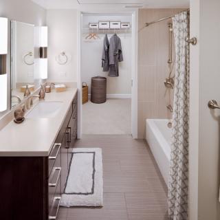 A modern and well-organized bathroom with a spacious vanity area, bathtub, and stylish decor.