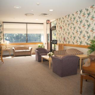 A comfortable waiting room with sofas and armchairs, featuring floral wallpaper and natural light from a large window.