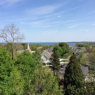 A scenic view of a village with a church steeple, surrounded by lush greenery and set against a clear blue sky.