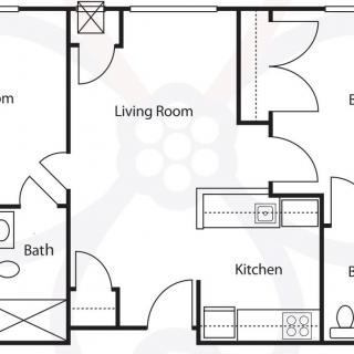A floor plan of an apartment featuring a living room, kitchen, bathroom, and multiple entryways.