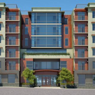 A modern residential building with a sleek glass facade and contemporary architectural design.
