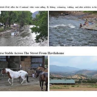 Scenes of outdoor activities and serene landscapes including a river, horses, and stables.