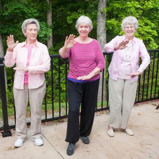 Three elderly women practicing Tai Chi outdoors in a park.