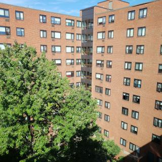 A view of a brick apartment building surrounded by greenery.