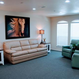 A cozy living room with a beige sofa, green armchair, and a horse painting on the wall.