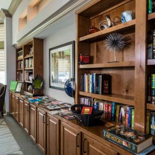 A cozy library setting featuring wooden bookshelves filled with books and decorative items.