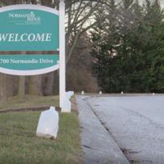 A welcome sign by the side of a road lined with trees.