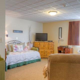 A cozy bedroom with a daybed, dresser, and television.