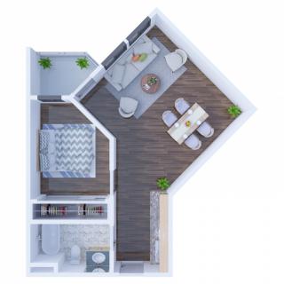 A modern apartment floor plan featuring a bedroom, living room, kitchen, and dining area.