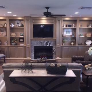 Cozy living room with built-in shelves and a fireplace.