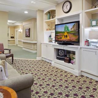 A cozy living room with an entertainment center featuring a television and decorative shelving, complemented by comfortable seating and a patterned carpet.