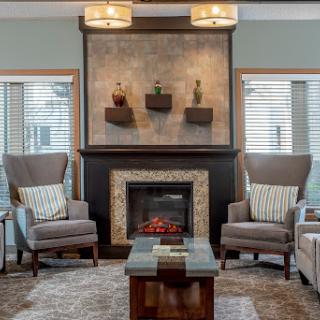 A stylish and cozy living room featuring a contemporary fireplace and comfortable seating.