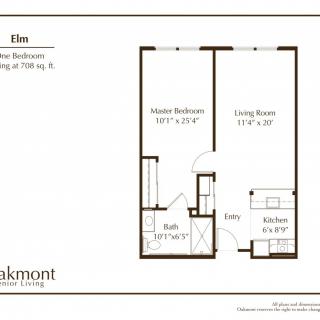 A one-bedroom apartment floor plan featuring a kitchen, living room, and bathroom.