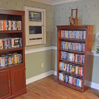 A cozy living room featuring two wooden bookshelves filled with a variety of DVDs, complemented by green wallpaper and warm flooring.