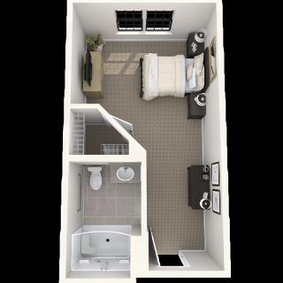 A compact bedroom floor plan with an adjacent bathroom.