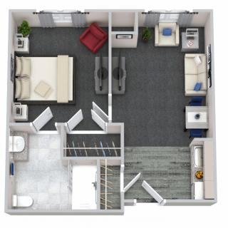 A top-view floor plan of a one-bedroom apartment including a bathroom, living area, and kitchen.