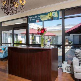 A modern reception area with a welcoming desk and floral arrangement.