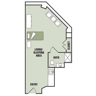 Floor plan of a studio apartment with designated areas for living, sleeping, kitchen, and bathroom.