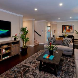 A modern living room featuring a comfortable sofa, coffee table, and large television, accented with plants and artwork.