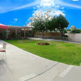 A well-maintained backyard with a green lawn, patio furniture, and trees under a clear blue sky.