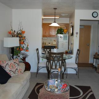 A cozy living room and dining area with modern decor and a view of the kitchen.