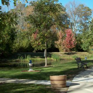 A serene park setting with a small lake, benches along a pathway, and trees displaying autumn colors.