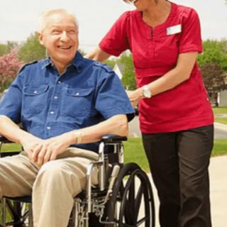 A caregiver assists an elderly man in a wheelchair during an outdoor outing.