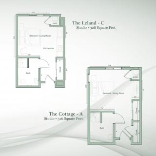 Floor plans for studio apartments, showcasing two different layouts.