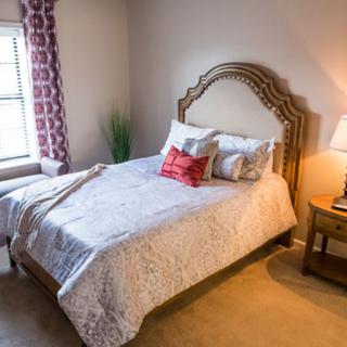 A cozy bedroom featuring a neatly made bed with decorative pillows, a bedside lamp on a wooden nightstand, and natural light coming through the window with patterned curtains.