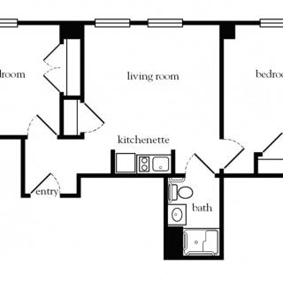 A simple floor plan of a two-bedroom apartment, featuring a living room, kitchenette, bath, and storage rooms.