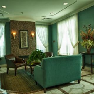 A cozy living room with elegant furnishings, featuring a green sofa, chairs, and lush indoor plants.